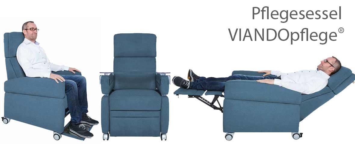 Der Pflegesessel VIANDOpflege® in 3 Darstellungen: Sitzen, Liegen, mit Tisch. Der Pflegesessel für den privaten und klinischen Einsatz